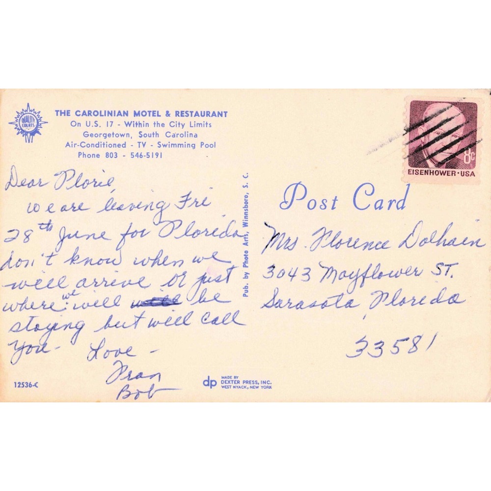 Vintage The Carolinian Motel Restaurant Georgetown SC Quality Courts Postcard - Picture 2 of 2